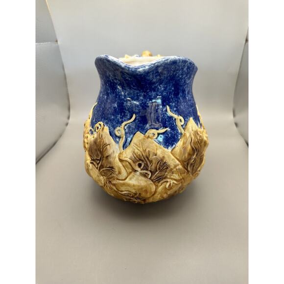 Unique Vintage Blue Sponge Glazed Matte Leaf Applied Pitcher Majolica Style 7" - Picture 3 of 8